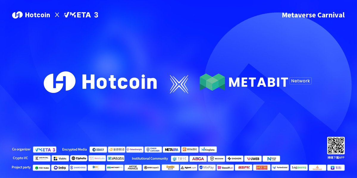 HotcoinGlobal's tweet photo. ✨ The Metaverse Carnival, co-hosted by #Hotcoin and #Vmeta3, has officially launched. ✨
We welcome the scalable commercial public chain @metabitofficial as a partner in Hotcoin’s Metaverse Carnival to join the celebration. Let’s party with our 35 influential partner organizations!