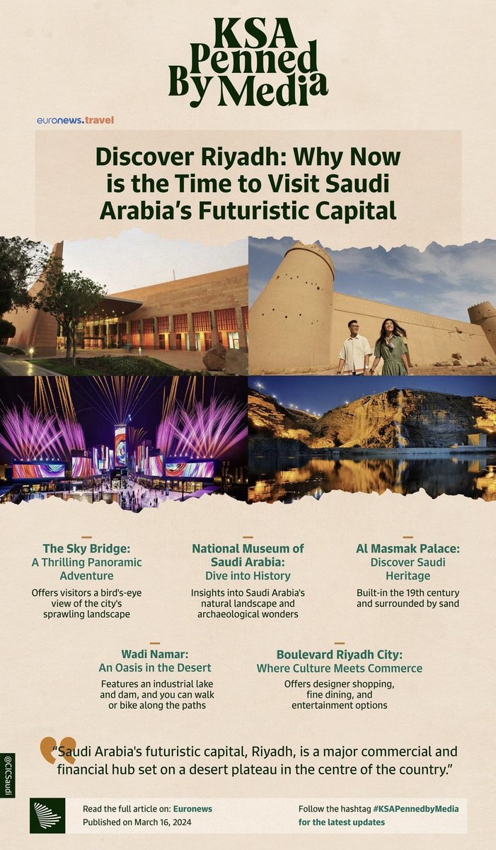 Discover | Riyadh 

Explore the reasons to visit #Riyadh in this article by @euronewstravel, spotlighting the futuristic capital. #KSAPennedbyMedia @Trip @CultureTrip @IFEMA