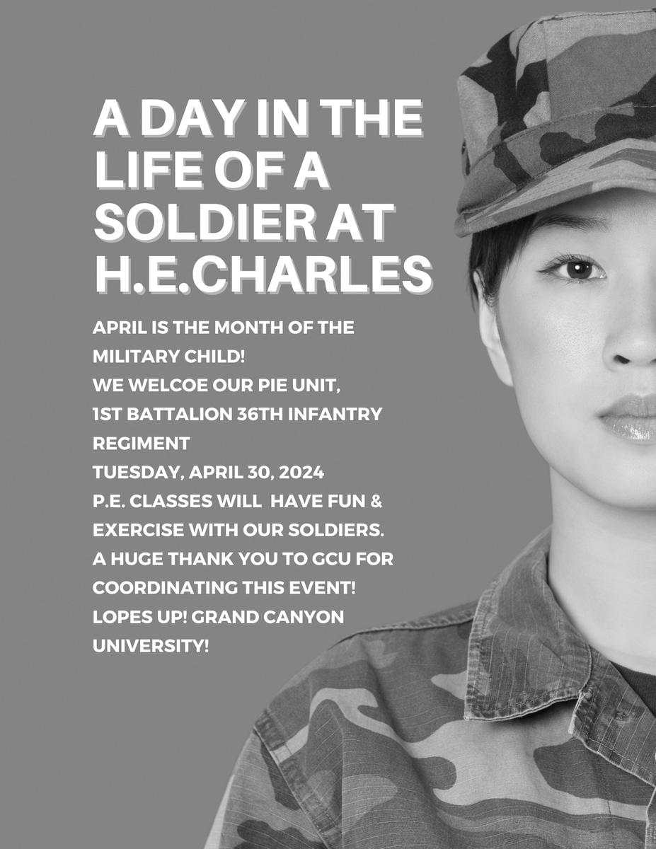 H. E. Charles Parents! April is Month of the Military Child. Tuesday, 4-30-24, the 1st Battalion, 36th Infantry Regiment will spend the day with us and work out with students during P.E. @CharlesChargers @EPISD_FamilyEng @ELPASO_ISD @AHSGoldenEagles @DrJosephTorres @BarronEPISD