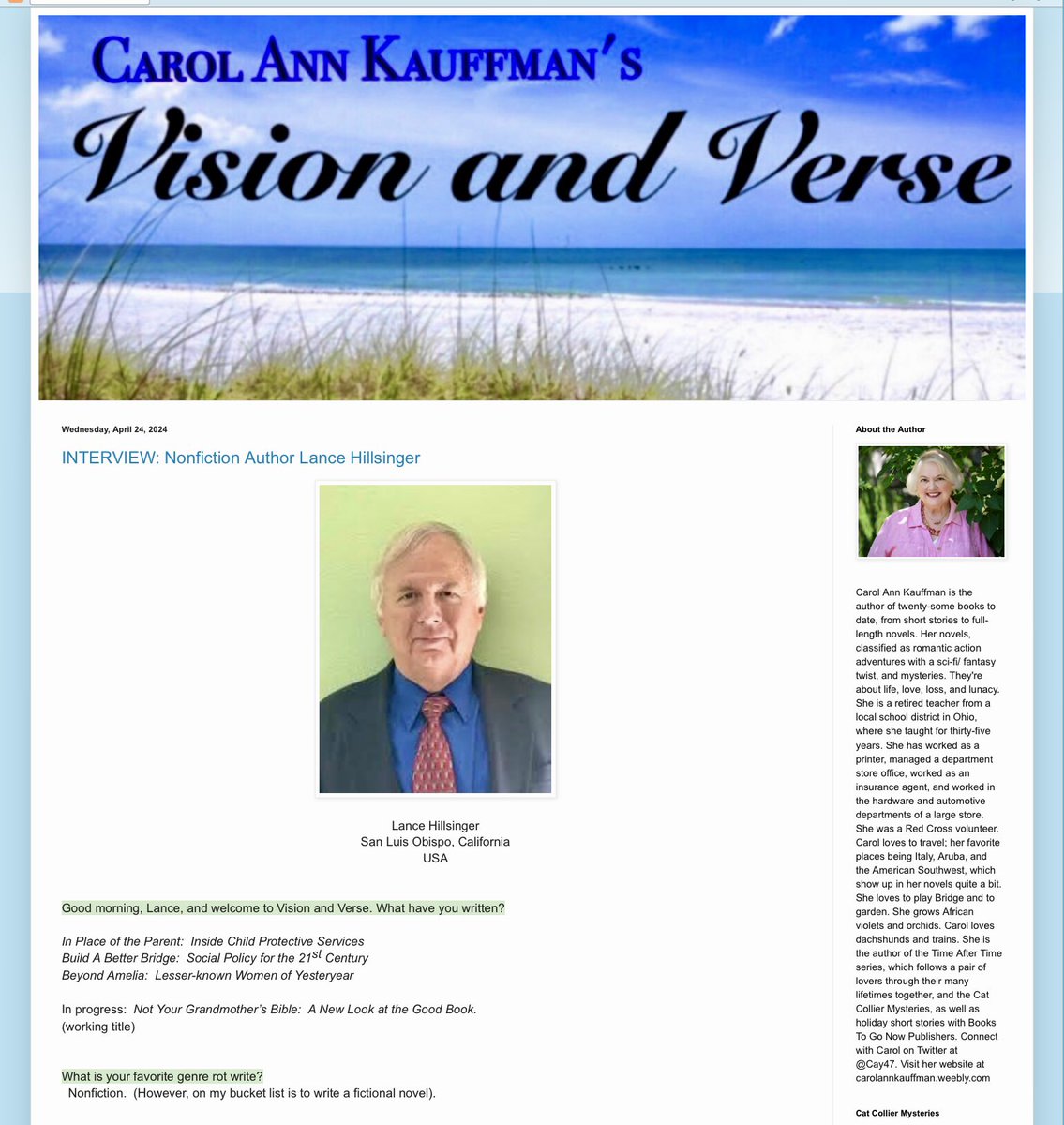 Carol Ann Kauffman (@cay47) on Twitter photo Do not miss today’s interview with Nonfiction Author Lance Hillsinger who uses his experience and legal knowledge to write about how to make positive changes in today’s society. 
visionandverse.blogspot.com Do not miss today’s interview with Nonfiction Author Lance Hillsinger who uses his experience and legal knowledge to write about how to make positive changes in today’s society. 
visionandverse.blogspot.com