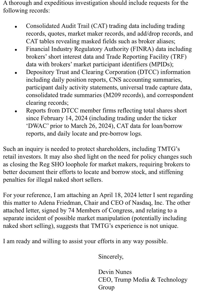 WHOA! $DJT just sent a letter addressed to each of the Chairmen of the U.S. House of Representatives’ Committee on the Judiciary, Comm. on Financial Services, Comm. on Ways and Means and Comm. on Oversight and Reform regarding potential manipulation of the stock of the Company