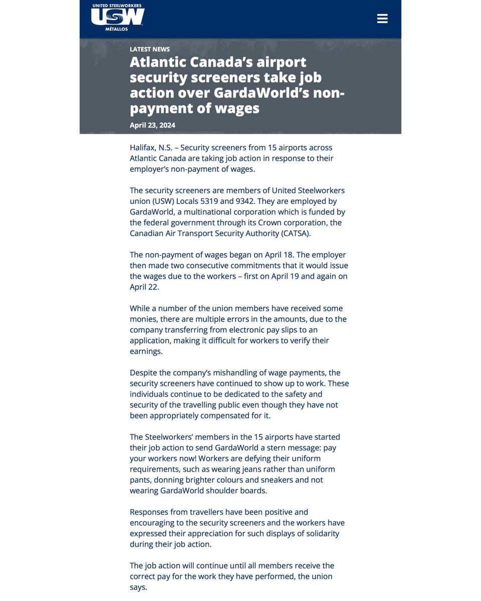 usw.ca/atlanticsecuri…
——
Security screeners from 15 airports across Atlantic Canada are taking job action in response to their employer’s non-payment of wages.

They are employed by GardaWorld, a multinational corporation which is funded by the federal government …