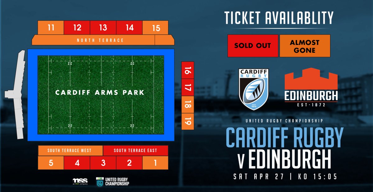 HEAT MAP HEADLINES 🆚 @EdinburghRugby 🔴 Central seated areas SOLD OUT 🔴 South Terrace East SOLD OUT 🟠 Very limited availability elsewhere Let's make it one final sell out this season at CAP 🙏 🔗 eticketing.co.uk/cardiffrugby/E… #AlwaysCardiff