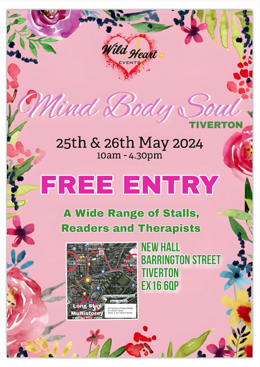 ItsWildHeart's tweet photo. WE'RE BACK!!!!!!

25th &amp; 26th May
10am - 4.30pm
FREE ENTRY 

Mind Body Soul Tiverton is back, we are excited to welcome back some of your favourite traders, and some fabulous new ones!!

A wide range of therapists, some fabulous readers and more. https://t.co/jOfS4o6CWw
