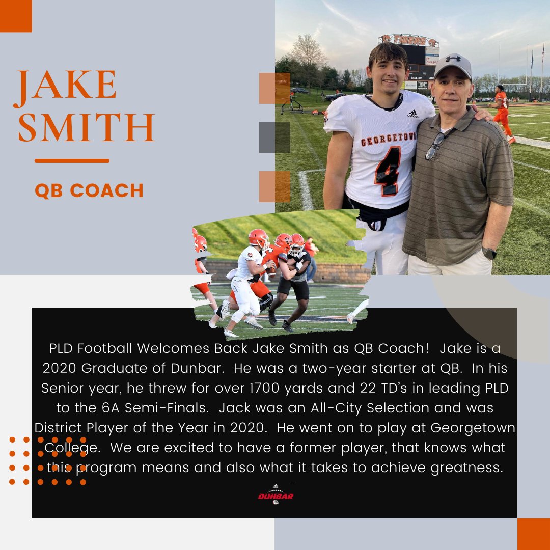 Coach Wes Johnson (@coachwesj) on Twitter photo I'm proud to announce <a href="/JakeSmithQB/">Jake Smith</a> has been added to our staff to coach QBs. It is always special to have former players come back as a coach. It really validates the type of culture I have created here at <a href="/PLDunbarFB/">PLD Bulldogs Football</a> Welcome Aboard Jake! GO DAWGS! I'm proud to announce <a href="/JakeSmithQB/">Jake Smith</a> has been added to our staff to coach QBs. It is always special to have former players come back as a coach. It really validates the type of culture I have created here at <a href="/PLDunbarFB/">PLD Bulldogs Football</a> Welcome Aboard Jake! GO DAWGS!
