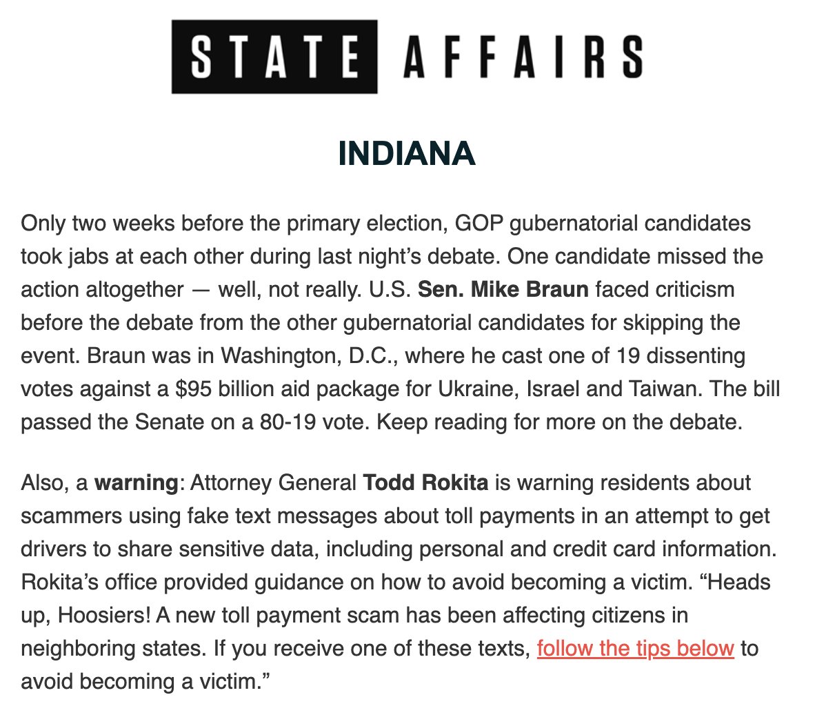 Our weekly #Indiana newsletter is in your inbox 📥

In this week’s edition: 
✍️ Key moments from the final GOP governor debate
✍️ Playmaker profile: Mike Braun bills himself as an ‘outsider’