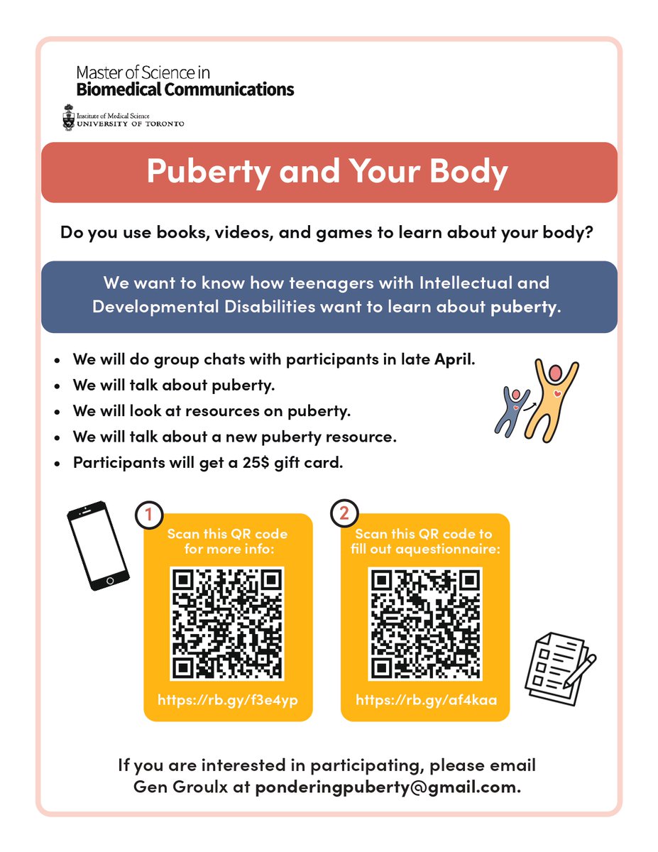 Calling all teenagers with intellectual & developmental disabilities and their guardians! 👋 @UofT's Biomedical Communications program and Surrey Place are looking for your input on the creation of a puberty education resource. Learn more: bit.ly/3w6BbLW