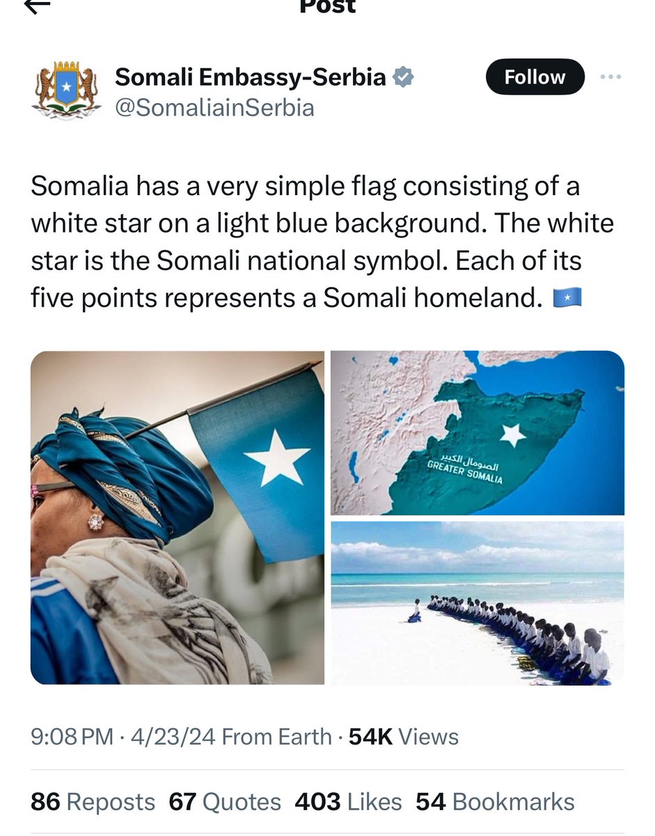 Look at the map below issued by the #Somalia Embassy in Serbia. It violates the borders of #Somaliland, #Ethiopia, #Kenya, & #Djibouti. The International Community will encourage #Somalia irredentism and future conflict in HoA region by not recognizing #Somaliland.
