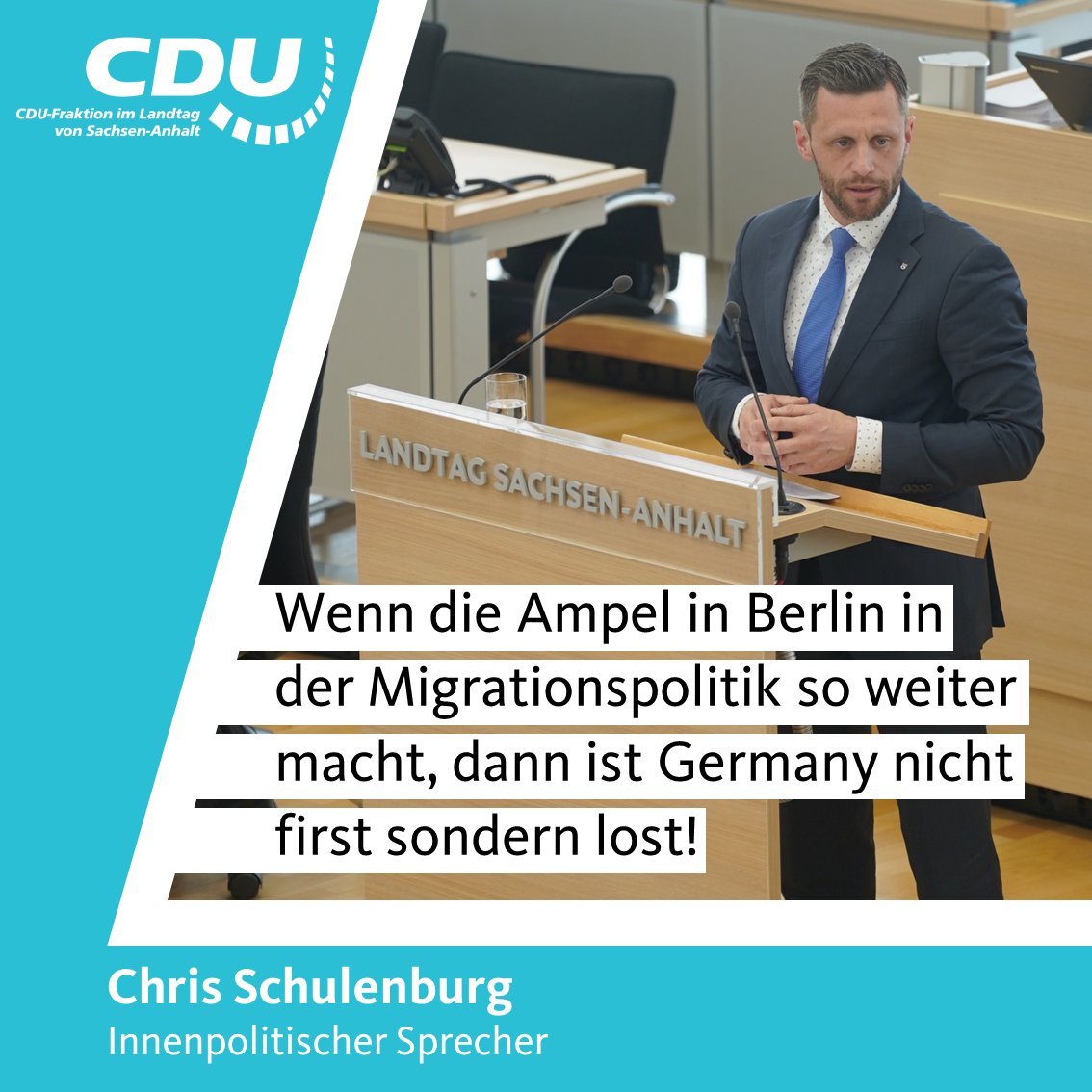 CDU-Fraktion LSA (@cdufraktion_lsa) on Twitter photo In der Aussprache zum Thema #Asyl und #Migration macht der innenpolitische Sprecher, <a href="/SchulenburgCh/">Chris Schulenburg</a> deutlich: „Wenn die Ampel in Berlin in der Migrationspolitik so weiter macht, dann ist Germany nicht first sondern lost!“ In der Aussprache zum Thema #Asyl und #Migration macht der innenpolitische Sprecher, <a href="/SchulenburgCh/">Chris Schulenburg</a> deutlich: „Wenn die Ampel in Berlin in der Migrationspolitik so weiter macht, dann ist Germany nicht first sondern lost!“