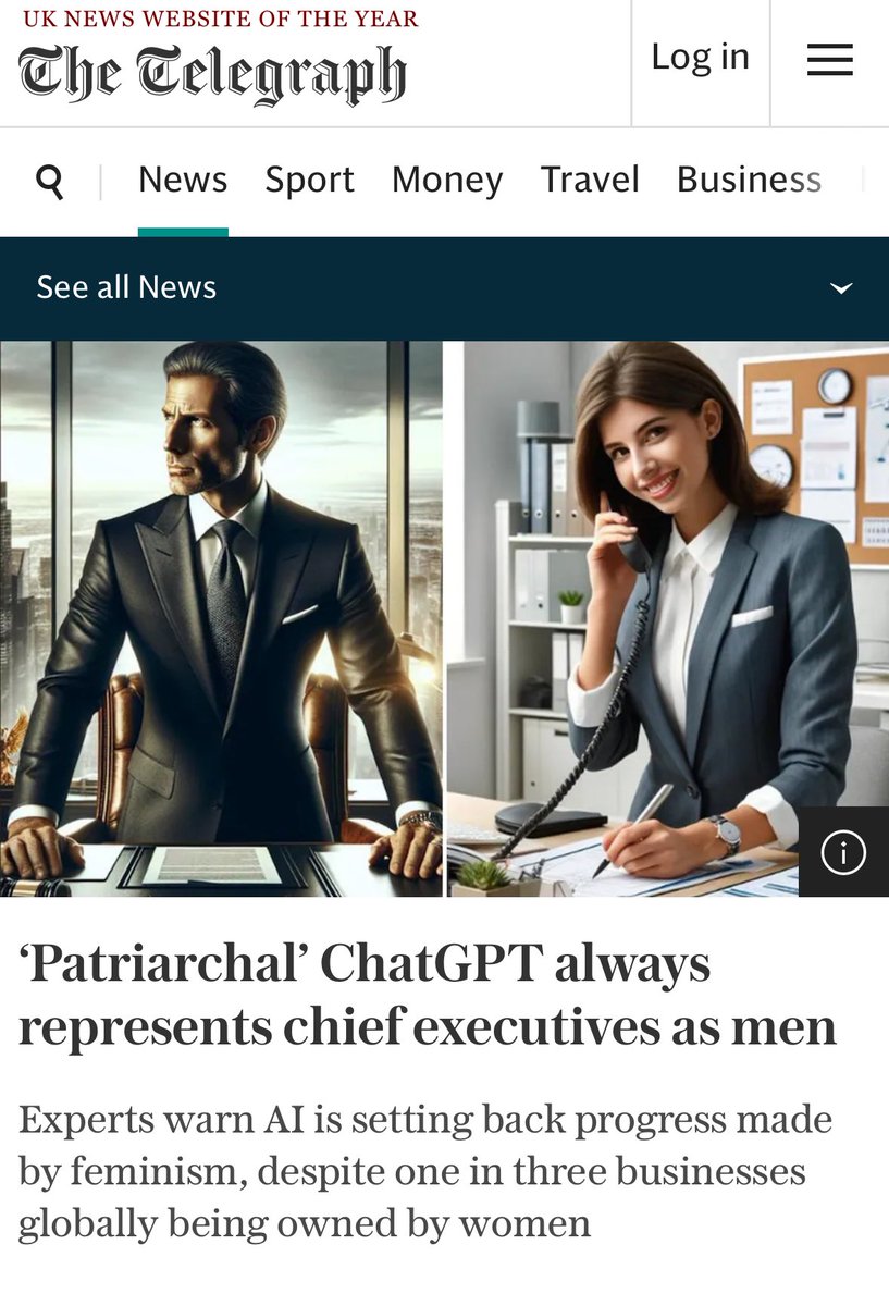 Here in @Telegraph I argue that ChatGPT is patriarchal and perpetuates gender discrimination when it comes to visualising organisational hierarchies. @findercomUK study on image search on ChatGPT too finds CEOs as men & secretaries as women. @MediaLSE #AI #ChatGPT