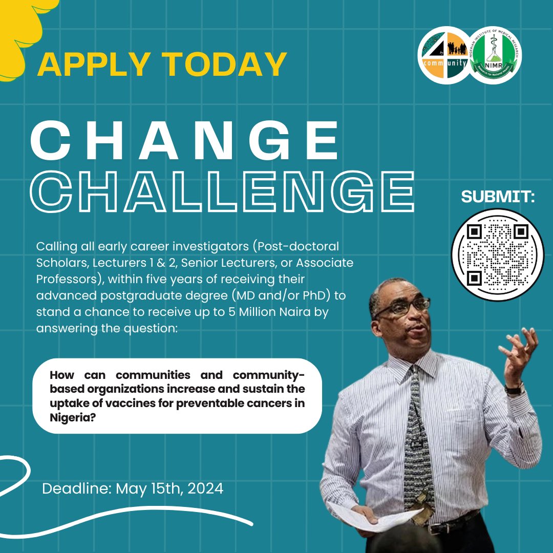 Have you heard that..

You can stand a chance to win 5 million naira by answering the following question to participate in the Change Challenge

Open only to early career investigators 🎉

Deadline: May 15th 2024
#change #changechallenge #earlycareer #research