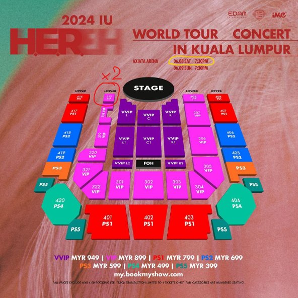 WTS VIP tickets for IU Live in Malaysia! ✨ 
2 VIP seats closest to IU on her right hand for Sat, 8 June. (I already have a Thailand ticket) 
Negotiable price + exchange fee.
#HER_WORLD_TOUR_IN_KL #IUinMY #IUinKL