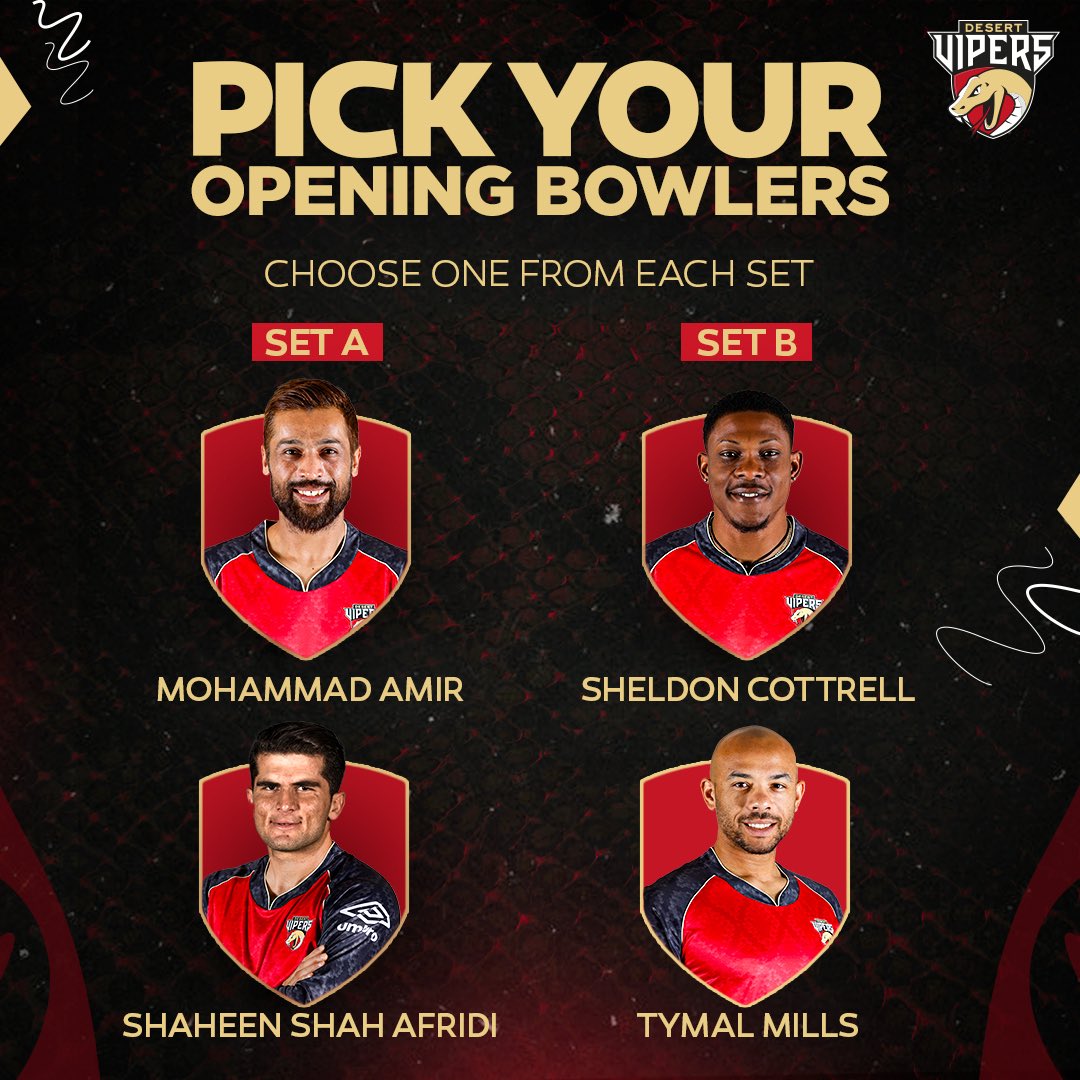 Job description: Wickets upfront 😌 Which duo are you selecting for the mentioned role? 👇 #DesertVipers #FangsOut | @iamamirofficial @iShaheenAfridi @tmills15 @SaluteCotterell
