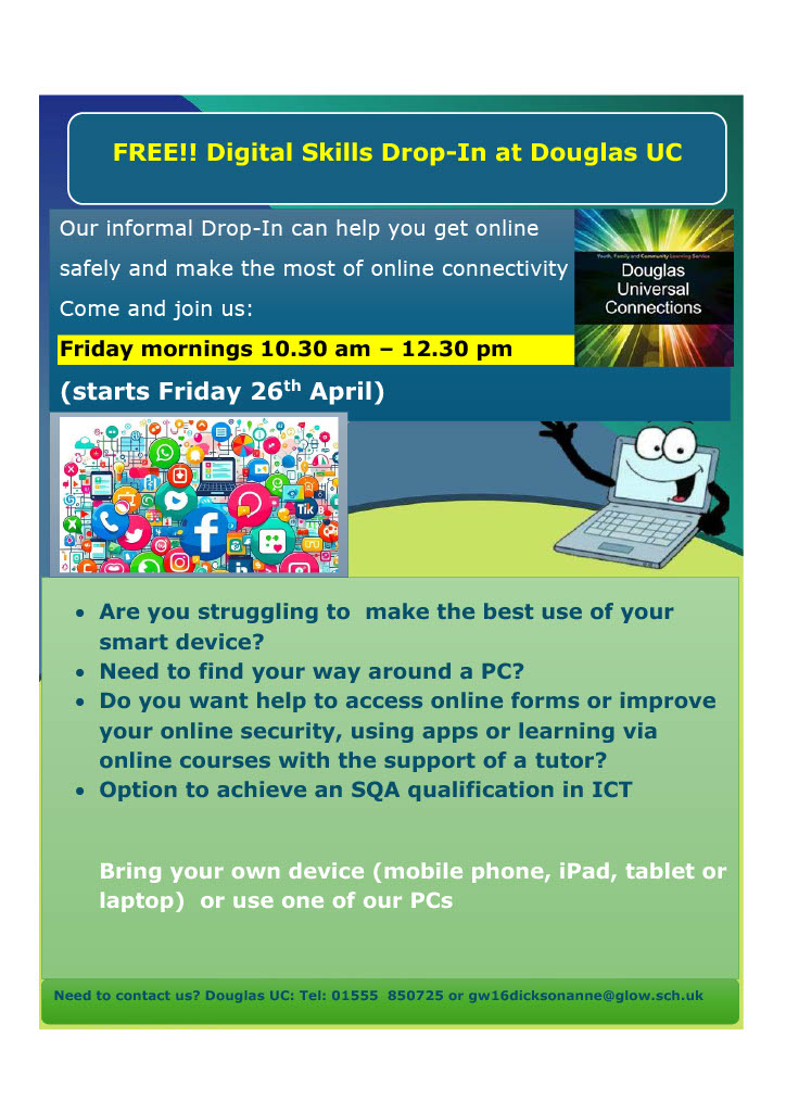 Every Friday Morning at Douglas UC we have our Job Club with Connect 2 Renewables from 10:30 till 12:30.
We are delighted to say that in addition we will now have a digital skills drop in along with this.
Please see poster attached for info. 16+ 
#itsSLC #becauseofCLD
