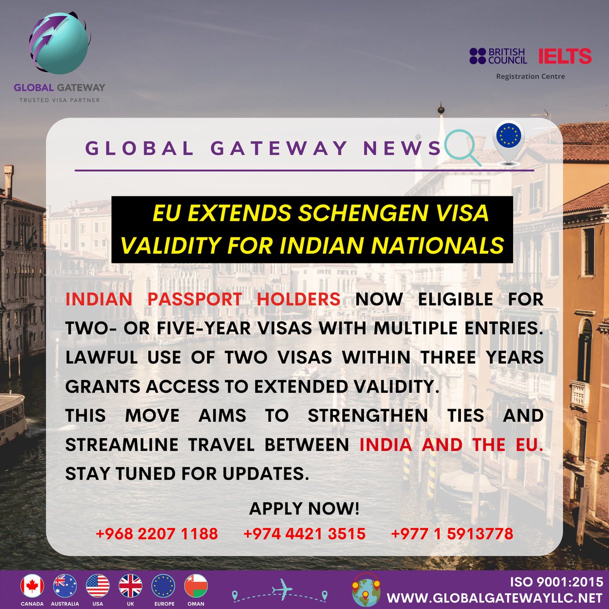 Exciting News for Indian Travelers! 🇮🇳✈️
Now eligible for extended visa options, fostering stronger bonds and smoother travel with the EU.

𝑨𝒑𝒑𝒍𝒚 𝑵𝒐𝒘! 📦💼✨
info@globalgatewayllc.net

#GlobalGateway #VisaPartner #IndianPassport #EUVisa #TravelUpdates