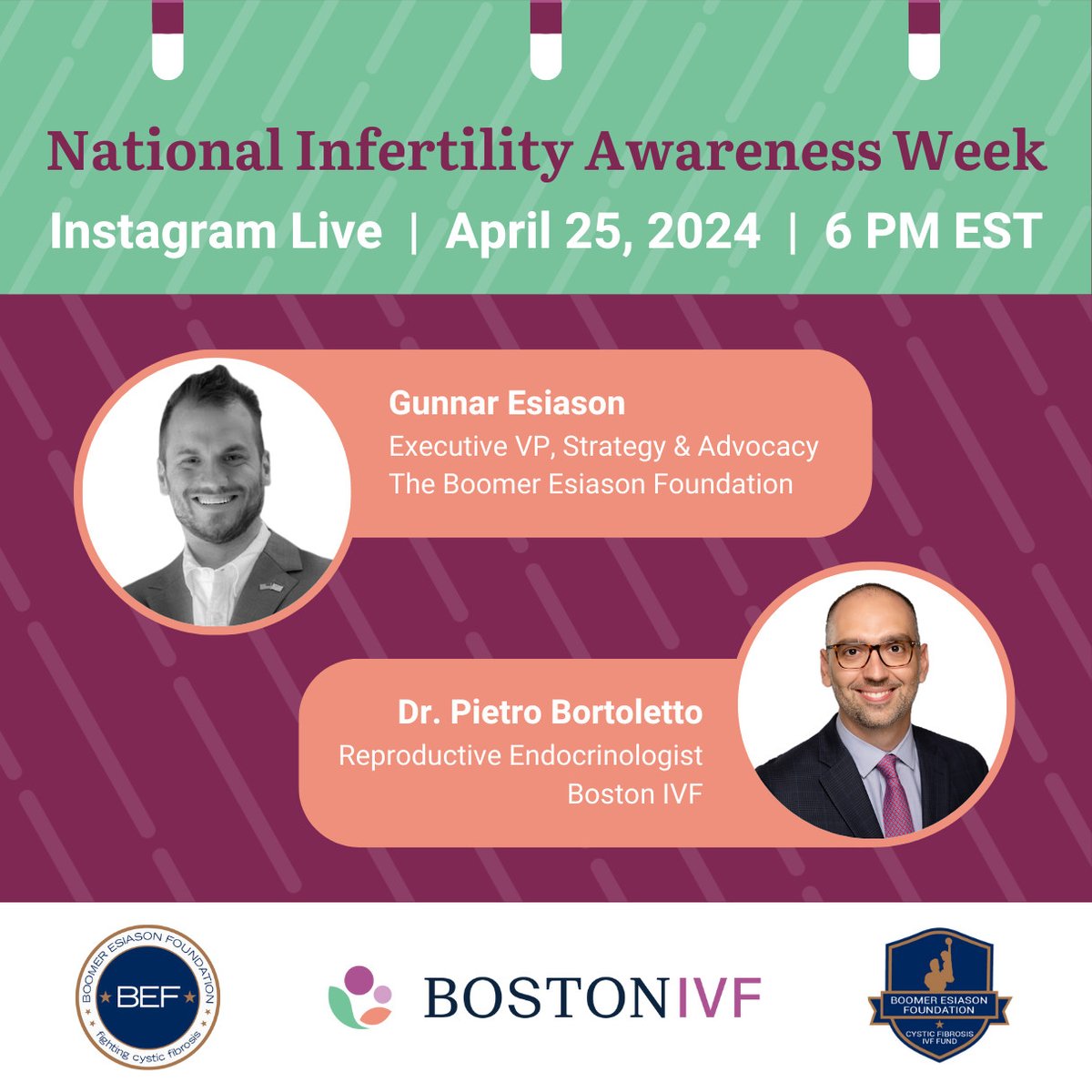 🌟In honor of National Infertility Awareness Week join @G17Esiason of BEF and Dr. Pietro Bortoletto of @BostonIVF tomorrow Thursday, April 25th at 6PM EST for an IG Live. 🌟