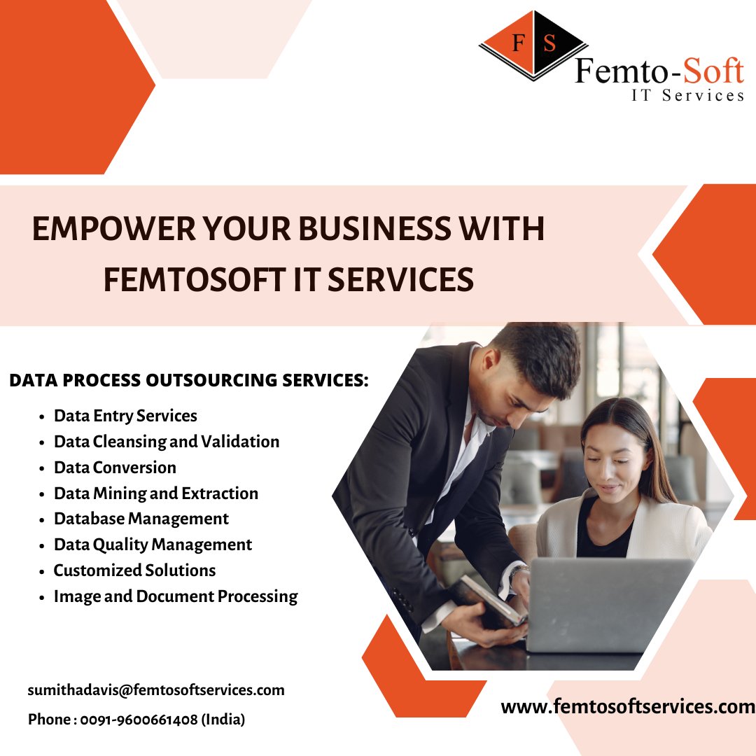Uncover the hidden potential in your data with our cutting-edge extraction techniques. From entry to quality management, we've got the tools to optimize your insights.

#FemtoSoftitservices   #DataProcessing #OutsourcingServices  #DataInsights #DataManagement