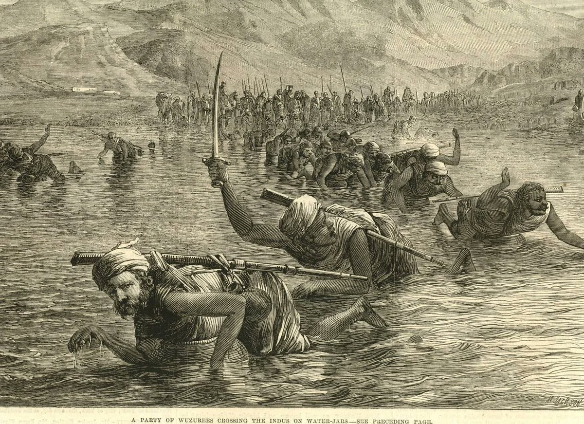 A party of Wazir Pashtuns crossing the Indus River on Water-Jars, 1864. Illustration for The Illustrated London News, 13 February 1864.