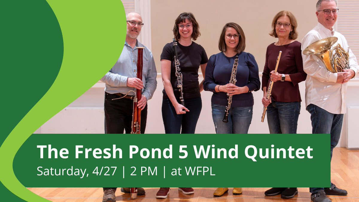 This Saturday afternoon, 4/27, the Fresh Pond Five is coming to WFPL! Come enjoy wind quintet music by Cambridge Symphony Orchestra Players, free to all. . THE FRESH POND FIVE SATURDAY, 4/27 | 2 PM | AT WFPL FREE | NO REGISTRATION