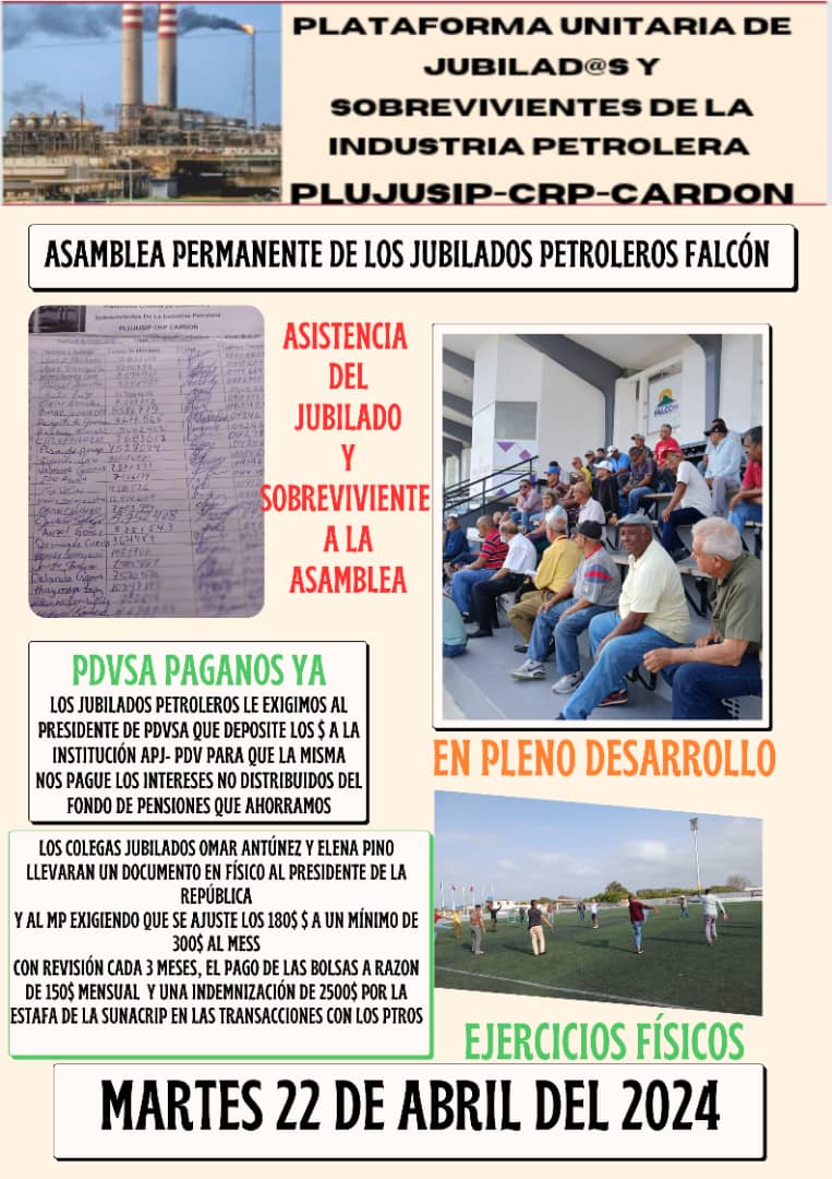 <a href="/NicolasMaduro/">Nicolás Maduro</a> los jubilados y sobrevivientes petroleros del estado Falcón le hacemos un llamado a usted como la más alta autoridad del país y jefe del actual presidente de <a href="/PDVSA/">PDVSA</a> <a href="/TellecheaRuiz/">Rafael Tellechea</a> para que acepte nuestro petitorio del pago de los intereses del FDP.