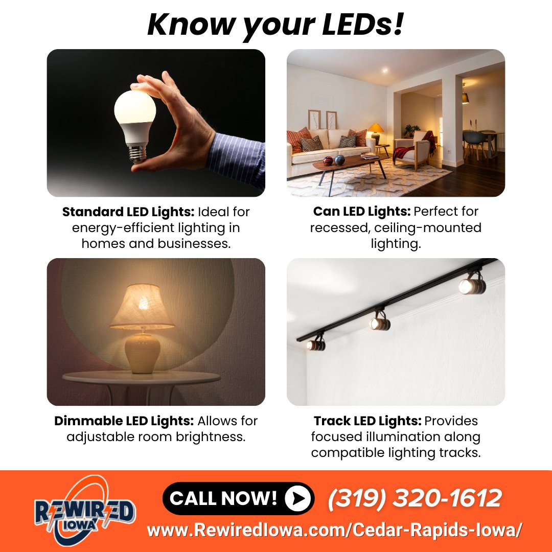 Light up your space with Rewired Iowa! Choose energy-efficient bulbs and specialized lighting in Cedar Rapids IA. Improve your efficiency and ambiance with our electrical consultation. Call us at (319) 320-1612 for more details. #EnergyEfficient #LightingSolutions