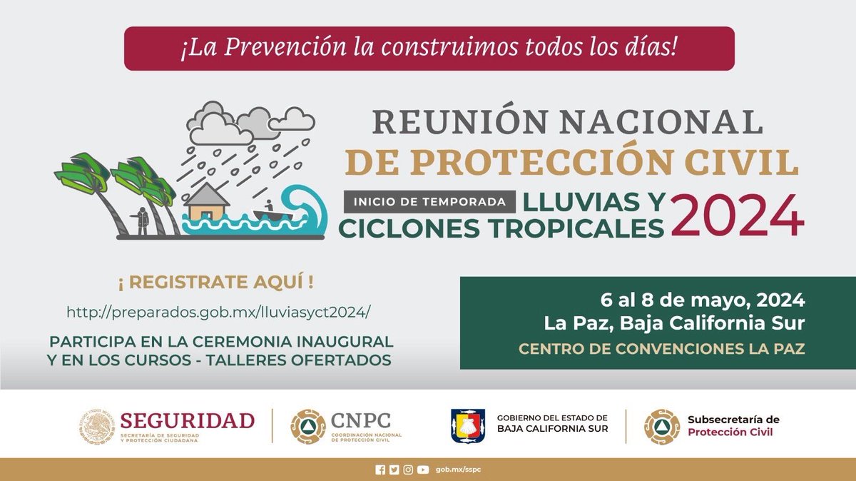 ¡Capacítate con nosotros! 👩🏽‍🏫 En el marco de la reunión de inicio de temporada 🌦️🌀 tendremos muchas capacitaciones para ti, para que estés mejor preparado. Entra al link y regístrate: 🔗preparados.gob.mx/lluviasyct2024/ ¡No faltes!