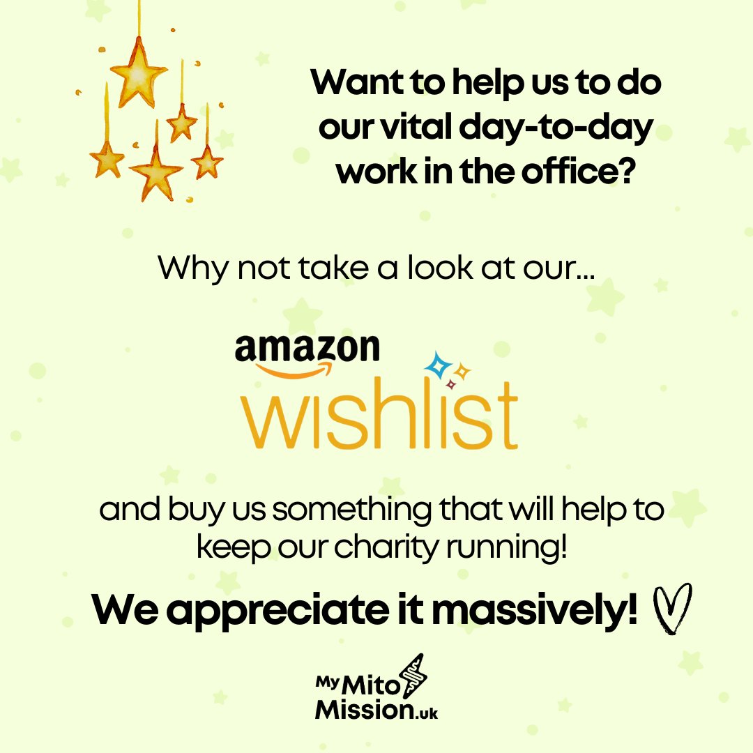 Can you grant us a wish and buy us something from our Amazon Wishlist?  It is full of pieces of equipment that we need to keep our charity running and continuing our vital work. Thank you 💚
tinyurl.com/35vrzcmp
#mymitomission #amazonwishlist #wishlist #mitochondrialdisease