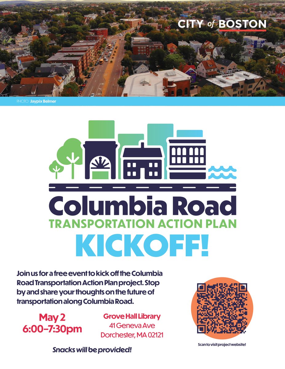 (1/2) 
Columbia Rd in Boston is going to be redesigned to make the corridor easier to travel along! 

Speak with members of the project team, learn more about the Columbia Road Transportation Action Plan, and share your ideas for improvements.
