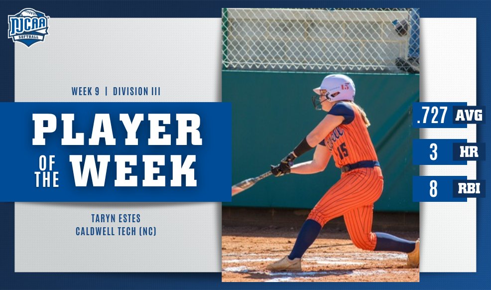 ⛈️ Bring the storm Taryn Estes of @caldwell_cobras is the #NJCAASoftball DIII Player of the Week! Estes hit for a .727 average, three home runs, and eight RBI for the Cobras, who picked up a win over top-5 Surry this week. #NJCAAPOTW