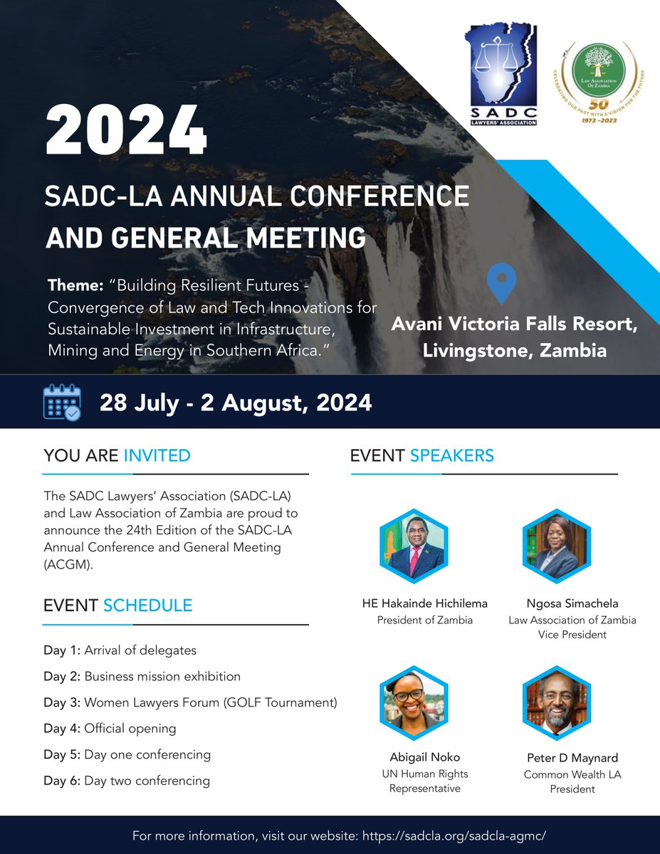 The largest networking conference of lawyers in the SADC Region is scheduled for the 28th of July - 3rd of August at Avani Victoria Falls Resort in Livingstone, Zambia. You are kindly invited to register for the SADC-LA Annual Conference &amp; General Meeting sadcla.org/sadcla-agmc/