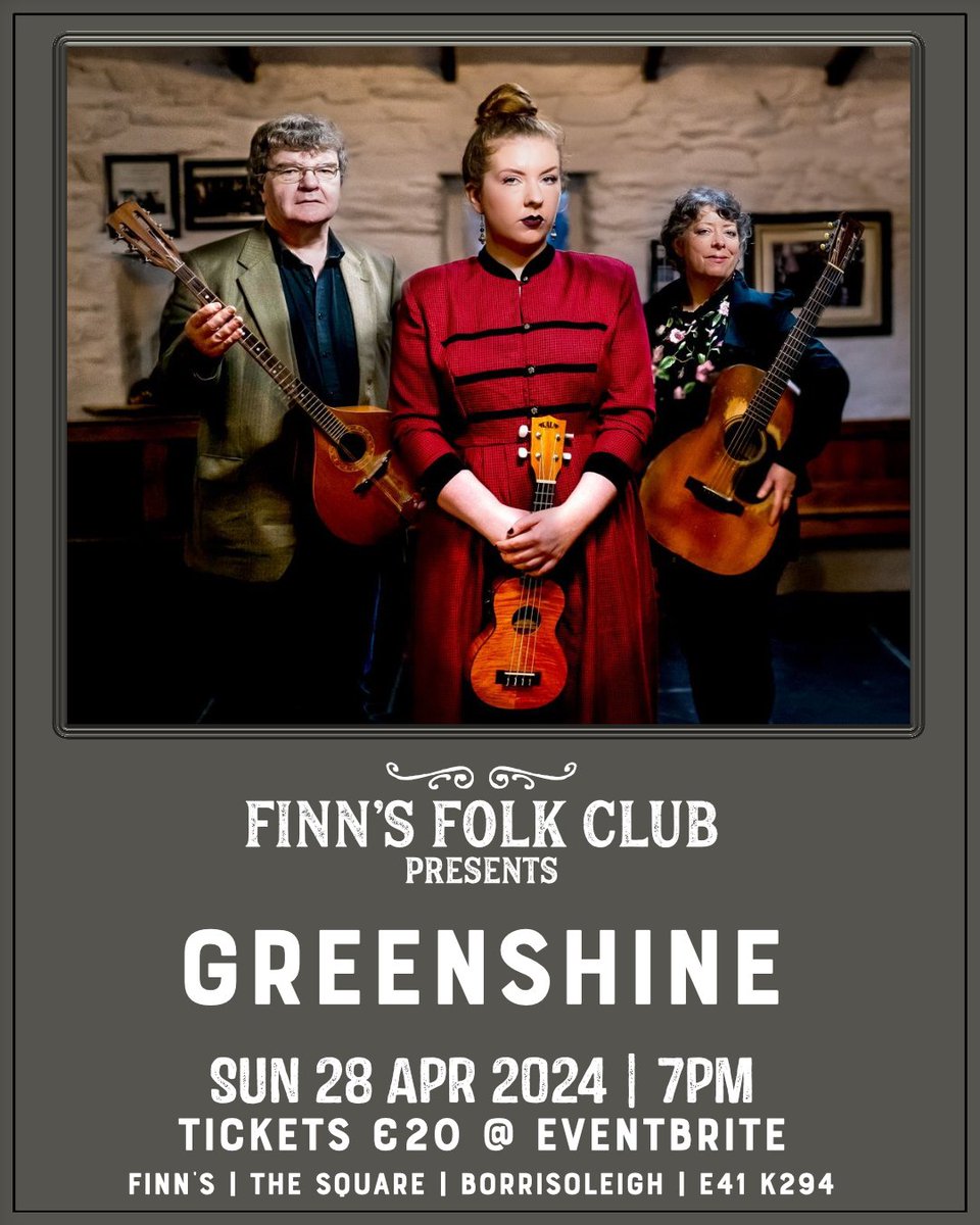 GREENSHINE's concert is an early start 7pm this coming Sunday. SPECIAL GUEST John Hayes. TICKETS 20 incl. booking fee eventbrite.ie/e/greenshine-f… @RTETipp @VisitTipp