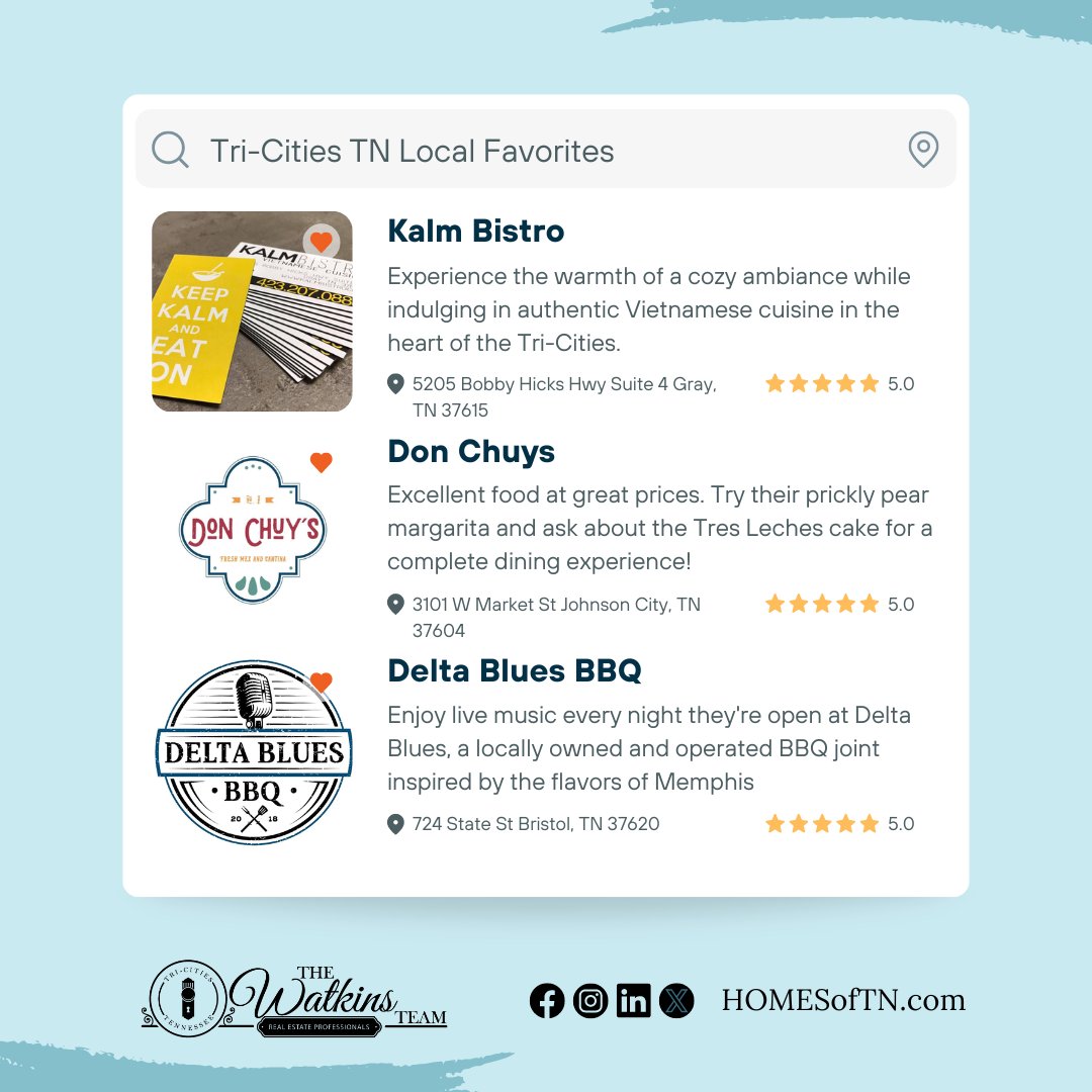 🌟 Get to know the Tri-Cities with some of our team's favorite local spots!

The Tri-Cities has it all, from sizzling BBQ joints 🍖 to cozy diners serving up soulful classics,🍜 we've got your taste buds covered. 🍲🥖🌿

#communityspotlight #FoodieFinds #homesoftn #easttennessee