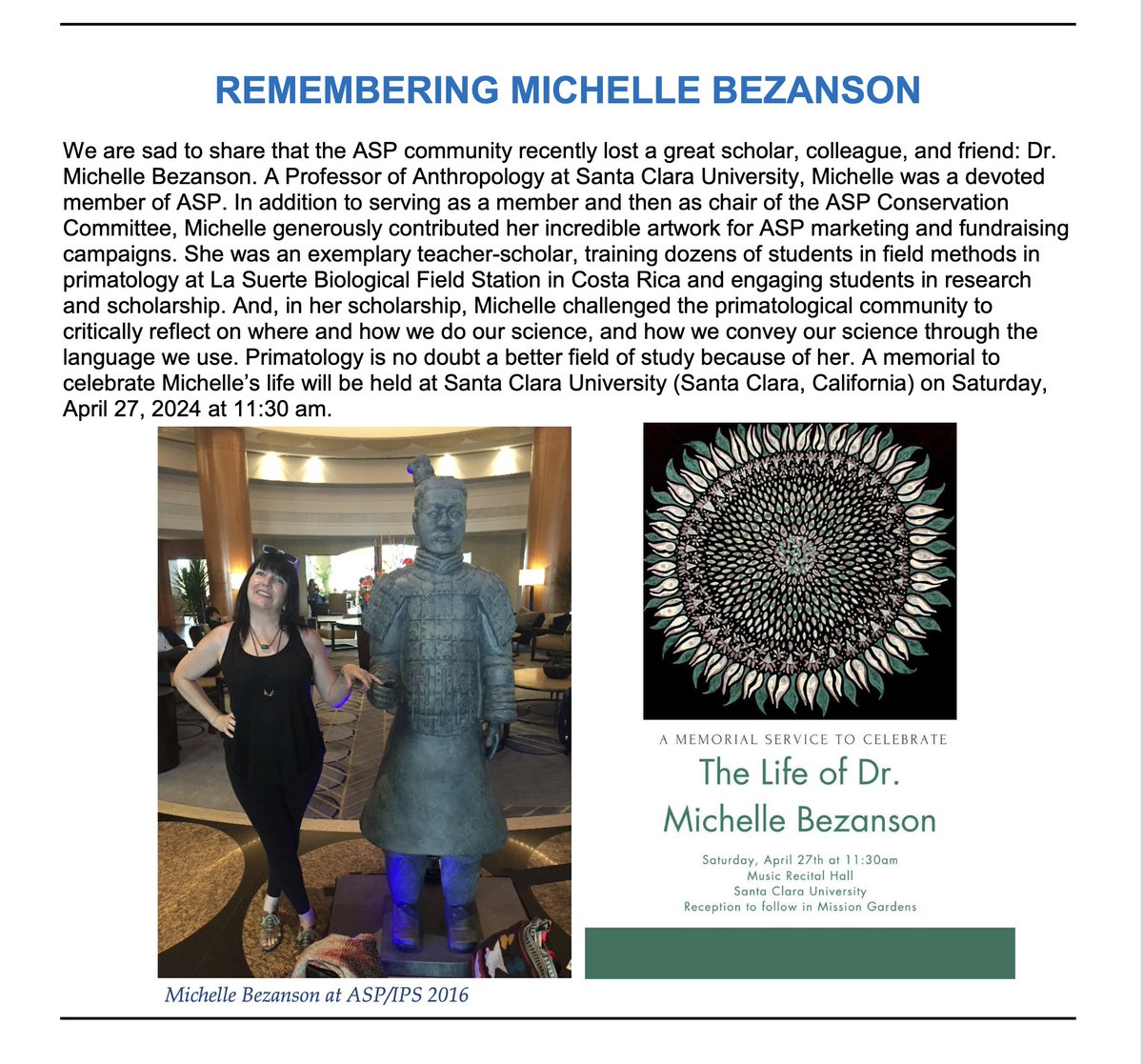 Happy to see Dr. Michelle Bezanson honored i the April @ASPvoice bulletin. #Primatology is indeed a better field because of you, @bezanswer. I miss you so much 💔