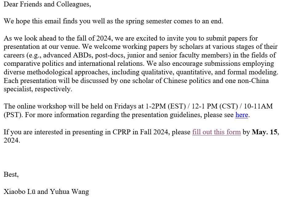 CPRP is calling for presentation in Fall 2024. Please see below for more details. If you are interested in presenting in CPRP in Fall 2024, please fill out a form using the link below by *May. 15, 2024*: tinyurl.com/cprp2024