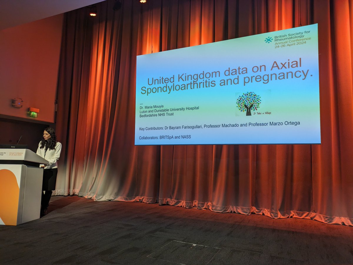 The Obstetric Rheumatology session at #BSR24 is kicking off with @MariaMouyis speaking on AxSpa in pregnancy.
