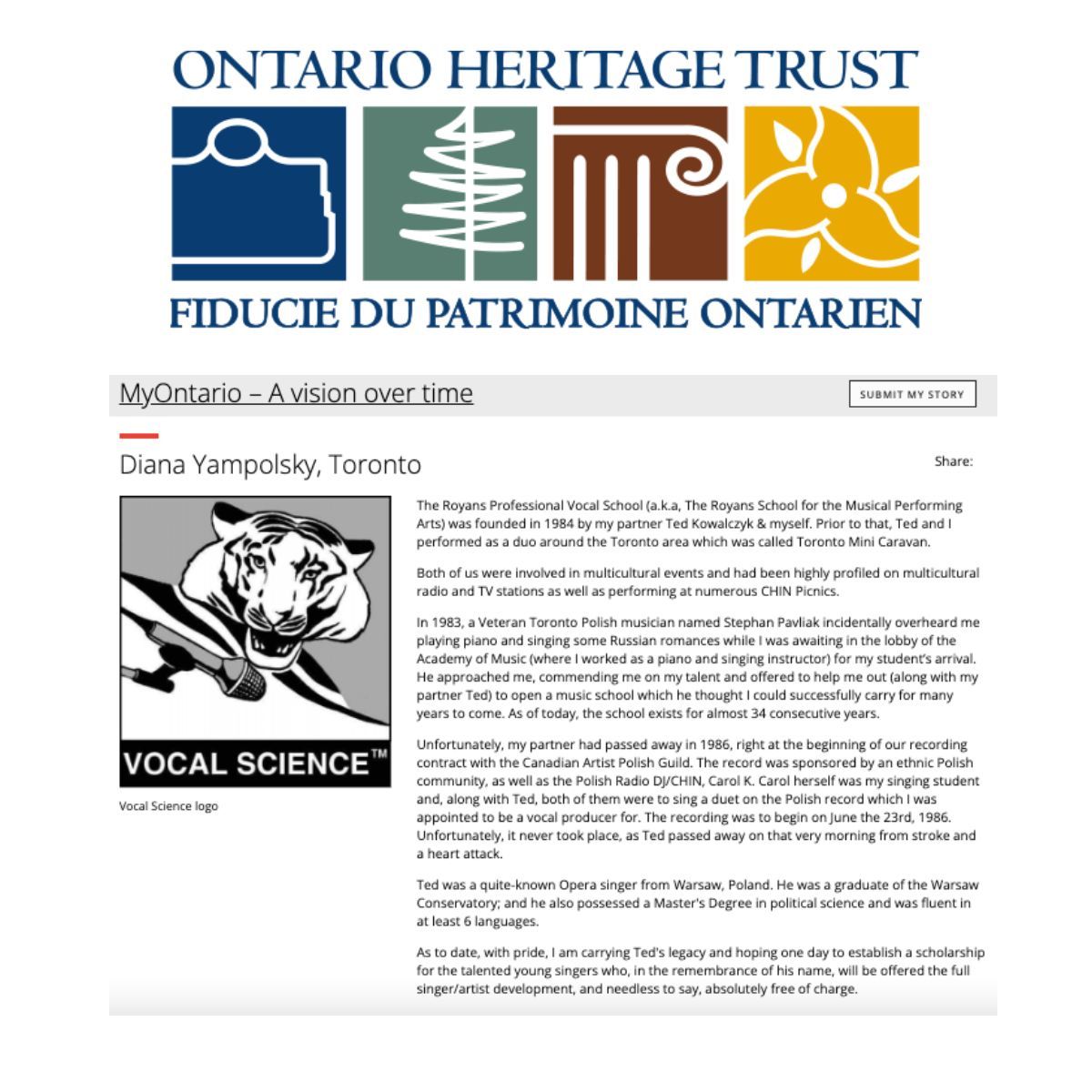 vocalscience's tweet photo. We discovered an article (from 6 years ago) which got published in the Ontario Heritage Trust. 

This article highlights the history and founding of The Professional Vocal School.
Please check out the story of the school which is today over 40 years old (Since 1984): https://t.co/knlkVLlAM7