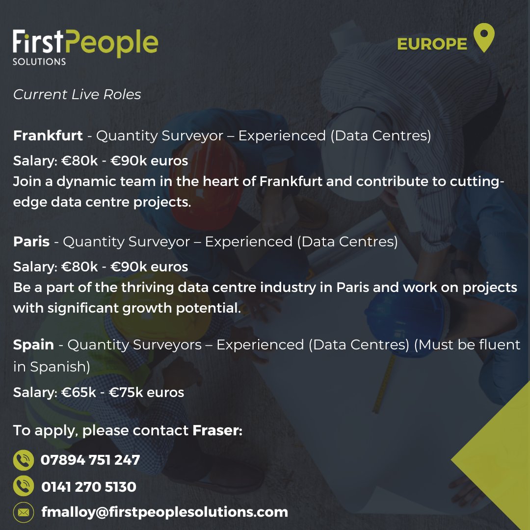 Discover FPS's latest Permanent Quantity Surveying positions across Europe 🛠️🌍

For more information and to apply, please get in touch with Fraser Malloy:

📧: fmalloy@firstpeoplesolutions.com
📞: 07894 751 247
📞: 0141 270 5130

#firstpeoplesolutions #QuantitySurveyor #hiring