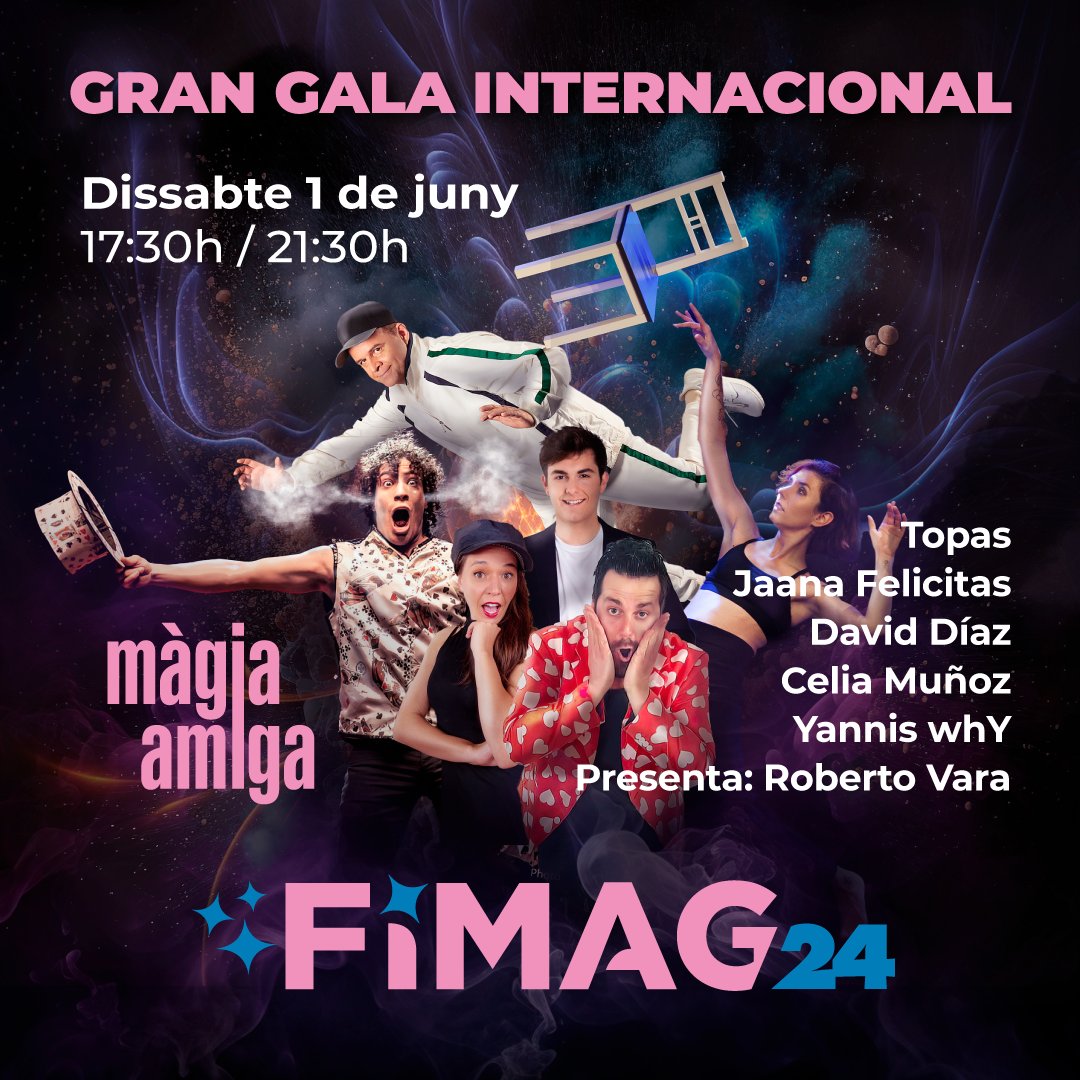 fimagmagia's tweet photo. 🌟El dissabte 1 de juny viurem la Gran Gala Internacional del #FIMAG'24 a l'@EspaiTer on et portem la gran #màgia d'artistes de renom com:
⭐ Topas, Jaana Felicitas, David Díaz, Celia Muñoz &amp; Yanis whY i 🎙️presentada per Roberto Vara.

🎟🎟 DISPONIBLES A: https://t.co/IOx5mZjeH5 https://t.co/h8ge2JBNZY
