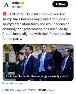 Two stories from today: The Hunter Biden narratives that Republicans have spent five years pretending to care about have run aground. Donald Trump's sons, who would run his business empire again if he was elected president, are key players staffing his administration.