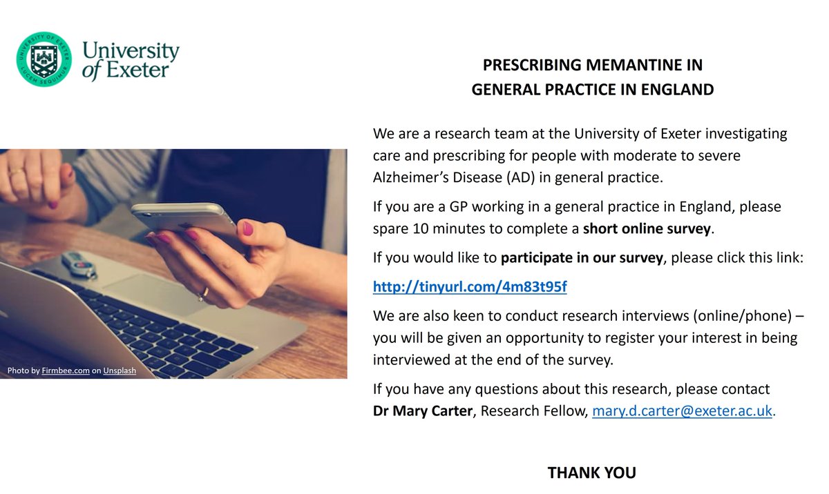 Please help us find GPs working in #GeneralPracticein ENGLAND to complete a short (10 minutes) online survey about caring & prescribing for people with moderate to severe Alzheimer’s Disease for a University of Exeter research study. Link tinyurl.com/4m83t95f Thank you.