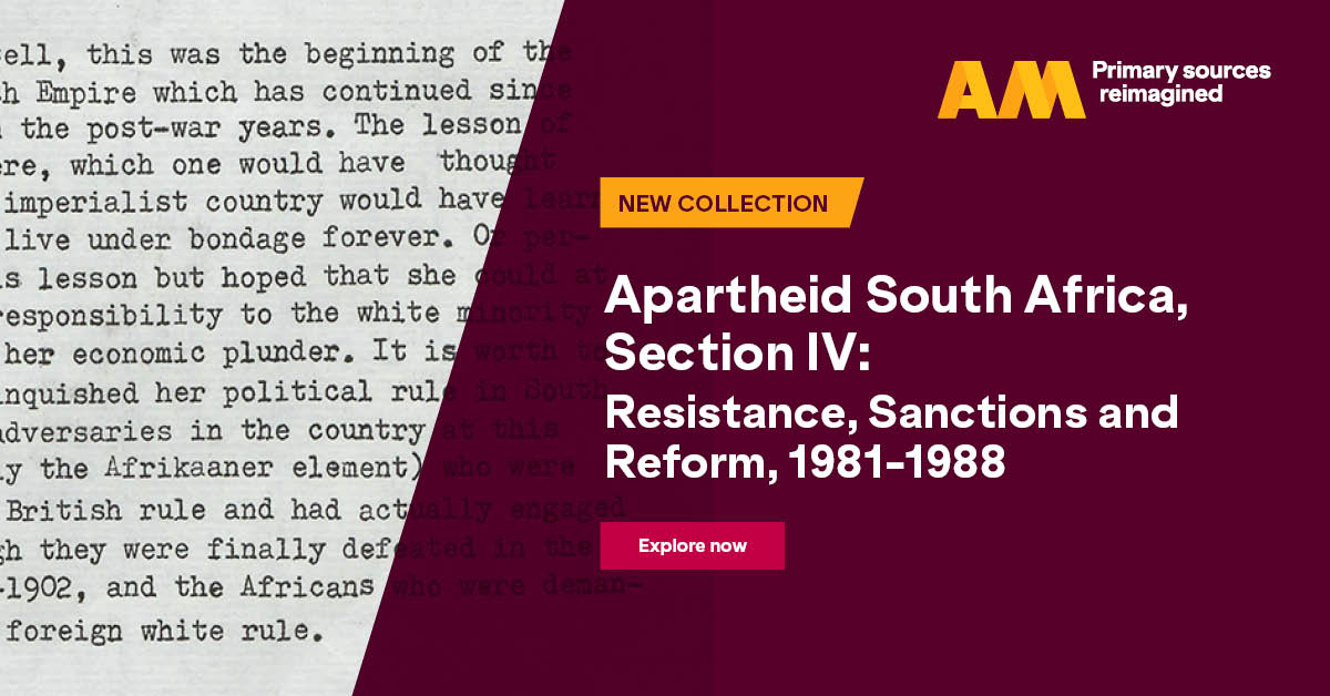 Apartheid South Africa, Section IV: Resistance, Sanctions and Reform, 1981-1988 has published! The latest module examines the latter years of the Apartheid regime in South Africa through the lens of British government files from @UkNatArchives. okt.to/98NHlK