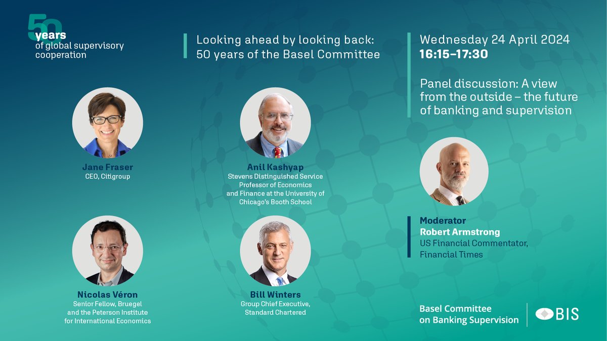 Live at 16:15 CEST at the International Conference of Banking Supervisors, Jane Fraser, Anil Kashyap, Nicolas Véron and Bill Winters discuss banks and supervision & the #BaselCommittee @PIIE @Citi @Bruegel_org @StanChart @ChicagoBooth bis.org/bcbs/events/ic…