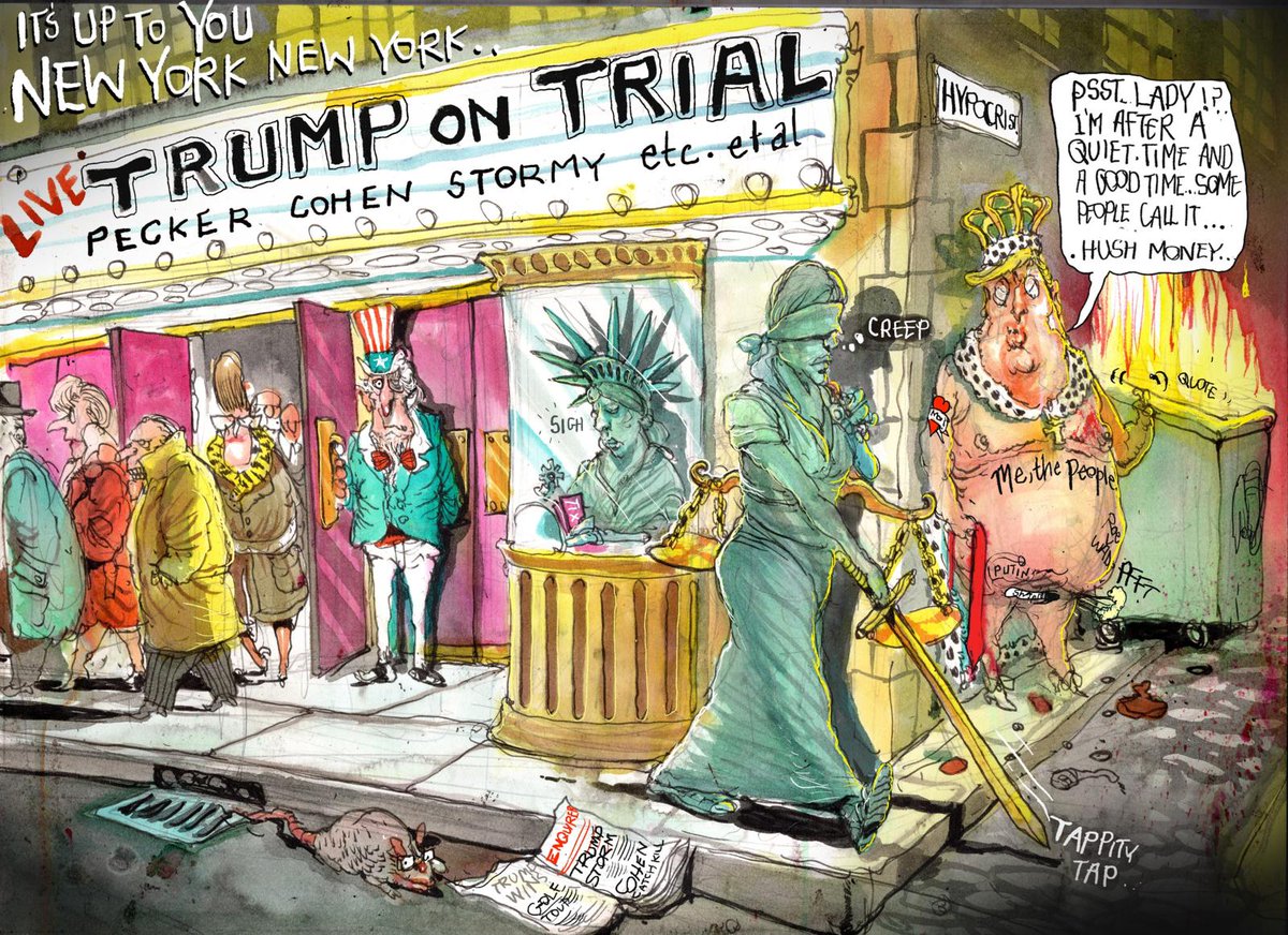 #COMICS #POLITICALCARTOON #TRUMPTRIAL
@KWSnet RT
David Rowe @roweafr
Editorial cartoonist for the Australian Financial Review: afr.com/topic/cartoons…

🔸 'It's Up to You New York New York,' 23 Apr 2024. David Rowe, Australian Financial Review.