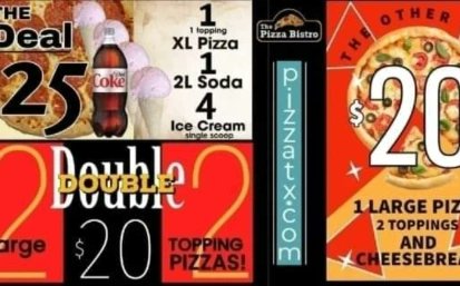 Which one suits YOU?!🫵 
🍕2 Large~2toppings Pizzas! $20
🍕1 Large~2topping &  Cheesebread! $20
🍕1 XL ~1 topping, 4 ice creams AND 2Liter! $25
🍕pizzatx.com