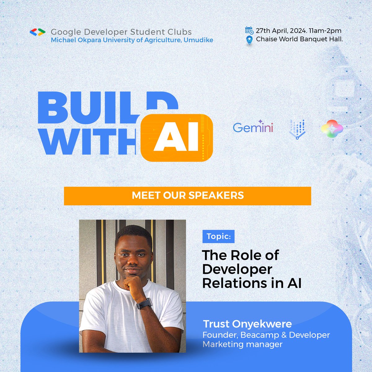 gdsc_MOUAU's tweet photo. Announcing our speakers!! 🔊

@iamtjah will be speaking about The Role of DevRel in AI, so if you've ever wondered how AI and DevRel can coexist, this session is for you! 

Reserve your spot: https://t.co/8Vg7KZvjnd

#GDSCMOUAUBWAI #GDSCMOUAU #Google #BWAI https://t.co/0YK9O7UWC0