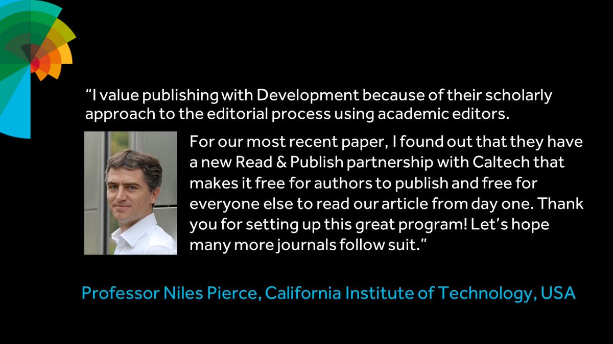Thank you to Niles Pierce for sharing his experience of fee-free #OA publishing @Dev_journal via our #ReadAndPublish agreement with @Caltech @CaltechLibrary Read Niles' paper bit.ly/49Sz5NJ See if your institution is also participating: bit.ly/3O7BxGi