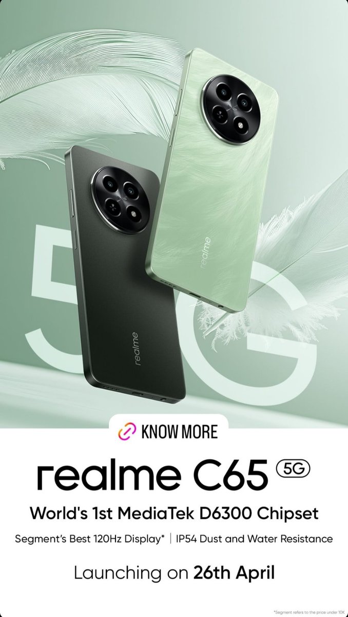 BurnTechify's tweet image. World first MediaTek dimencity 6300 Chipset. Segments best 120 hz refresh rate. Low blue light certified. IP54 water &amp;amp; dust resistant. 48 month system fluency .launch date 26th April 12 pm 🔥 @realmeIndia #realmeC65 #butntechify #Trending