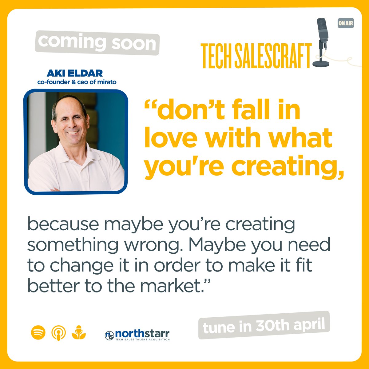 Next week on #TechSalescraft, James talks with Aki Eldar, Mirato, about the evolution of TPRM tech and AI's role in business efficiency. 

Discover insights on automated processes, strategic hiring, and more. 

Listen here: thenorthstarr.com/tech-salescraf…

#TechSalesPodcast #SalesInsight