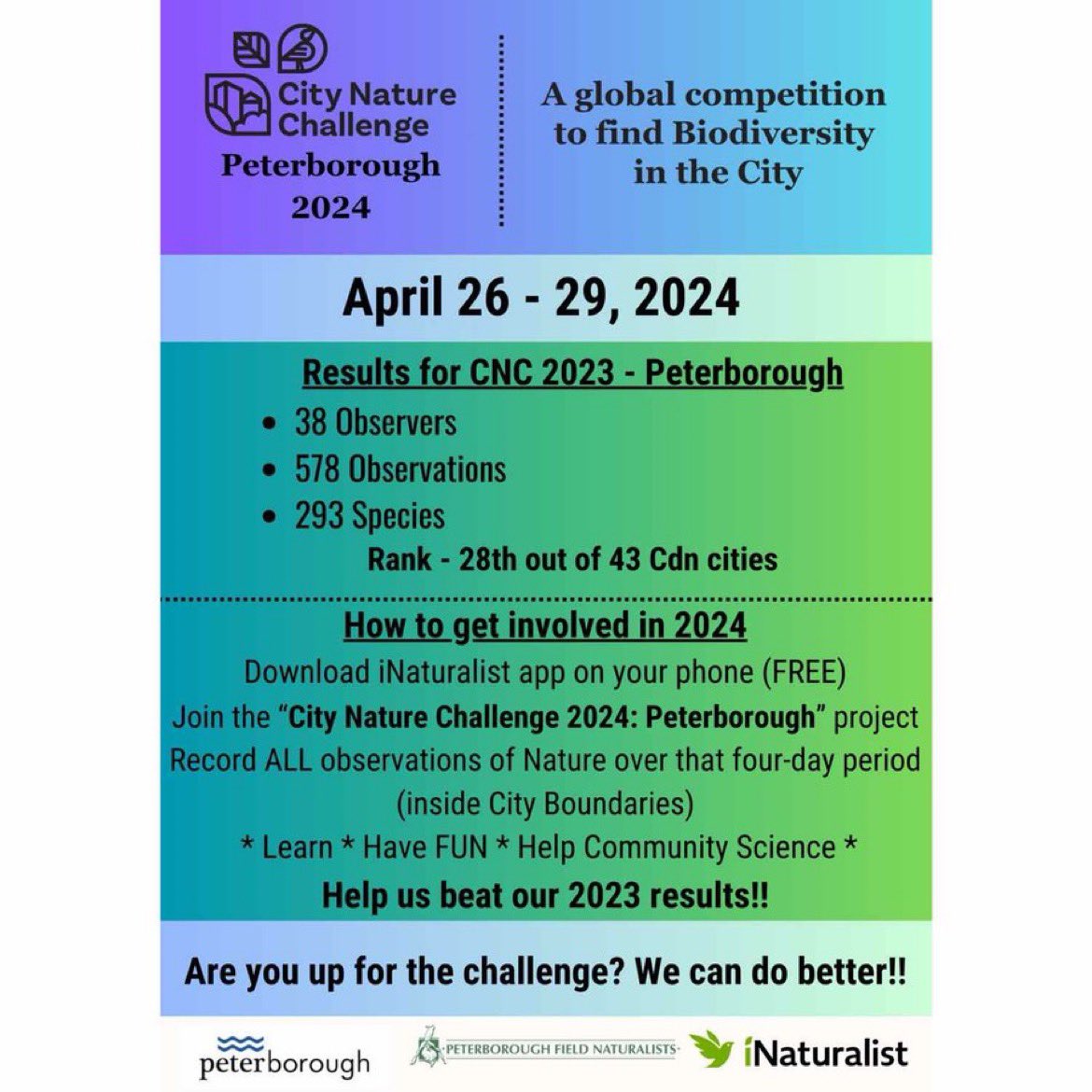 .@citnatchallenge 🌱makes taking part easy!

🐸 Find plants &amp; wildlife. Even in the city nature is all around us!

🐸Take a photo or record sounds with  <a href="/inaturalist/">iNaturalist</a> 

🐸Share observations <a href="/CityPtbo/">City of Peterborough</a>: inaturalist.ca/projects/city-…

Ecology Park this Fri/Sat: We’ll get you started!