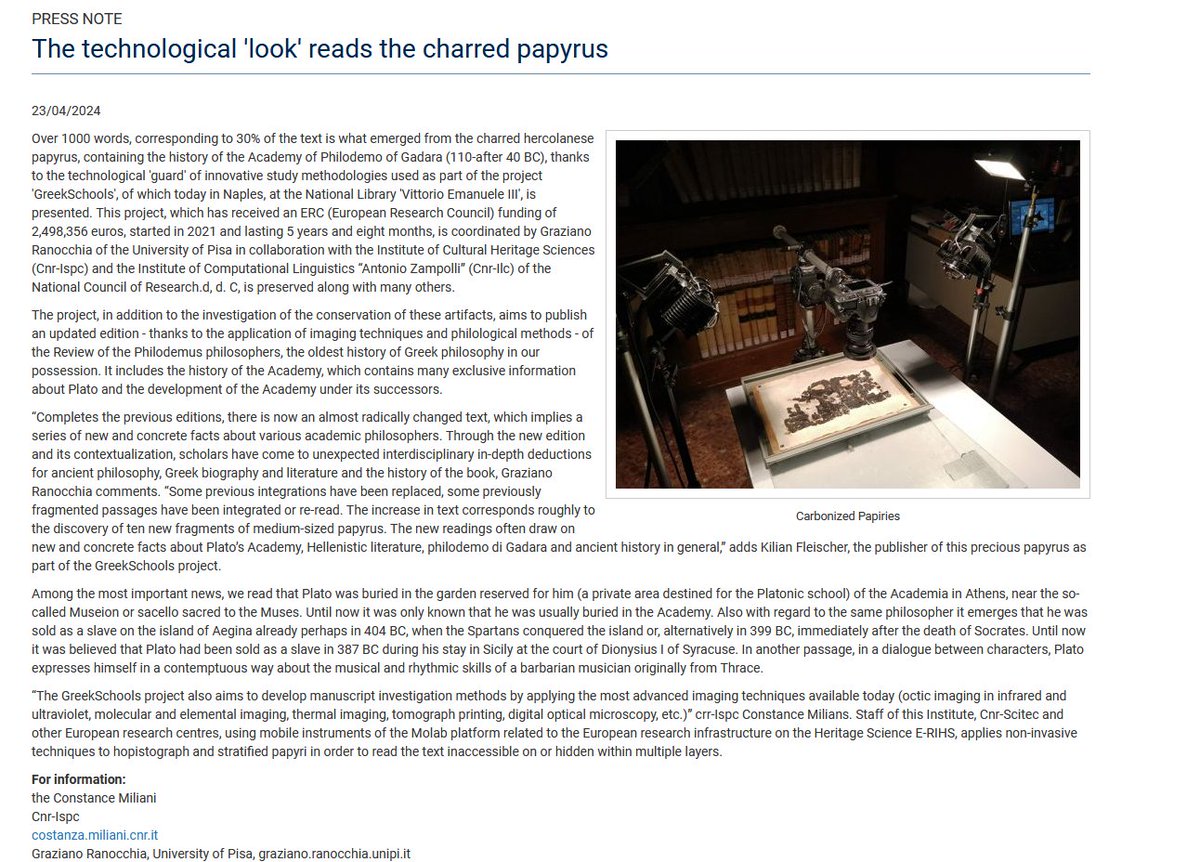 It is pretty amazing that the first 1,000 words recovered from the charred scrolls at Herculaneum taught us two new things: where Plato was buried and that he was sold as a slave by the Spartans. Usually, most data you get is boring, a promising start! cnr.it/it/nota-stampa…
